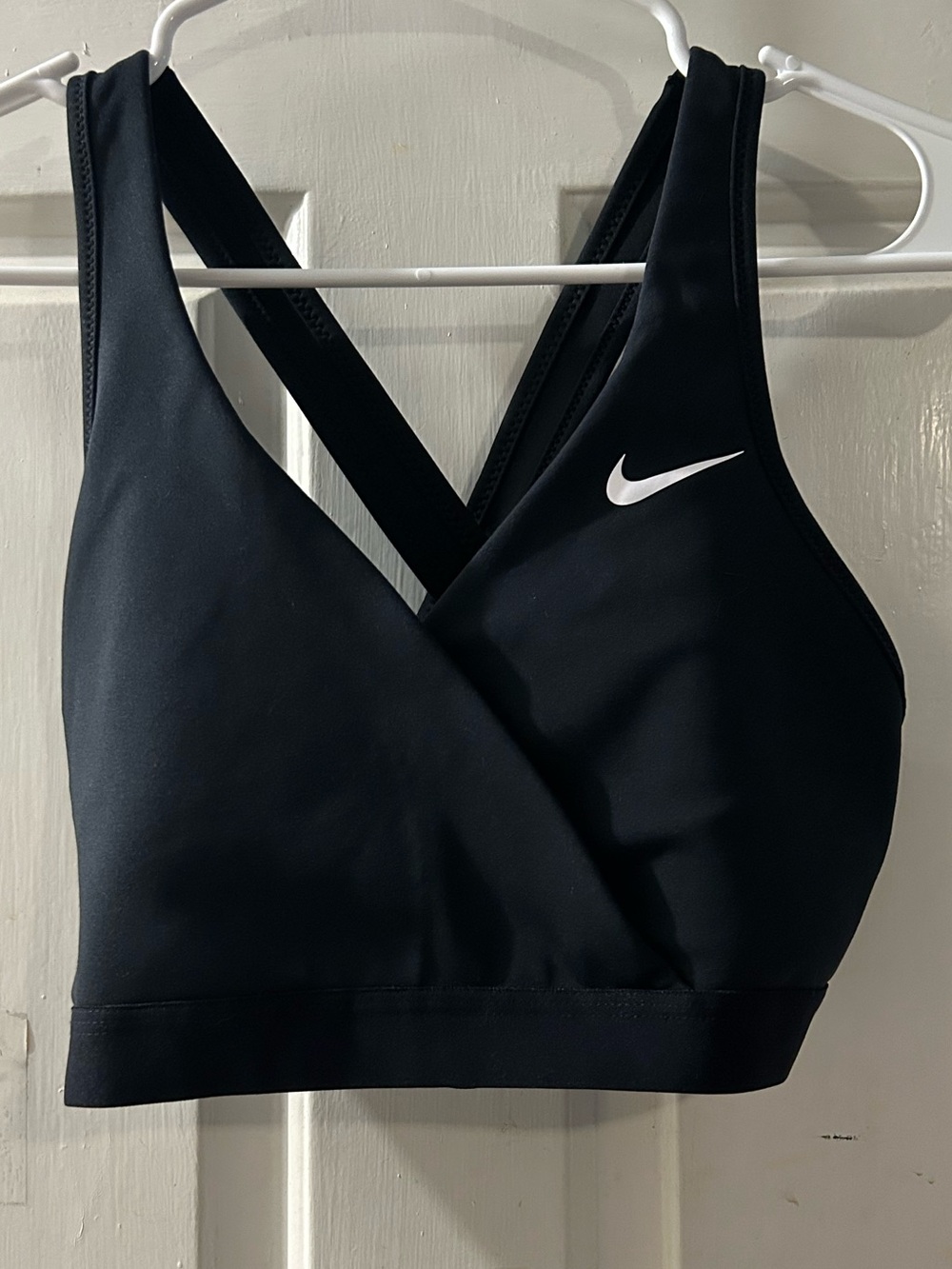 Nike Black Wrap-Style Cross-Back Sports Bra with White Swoosh